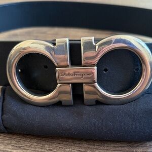 Salvatore Ferragamo Black Leather Belt with Silver Gancini Buckle